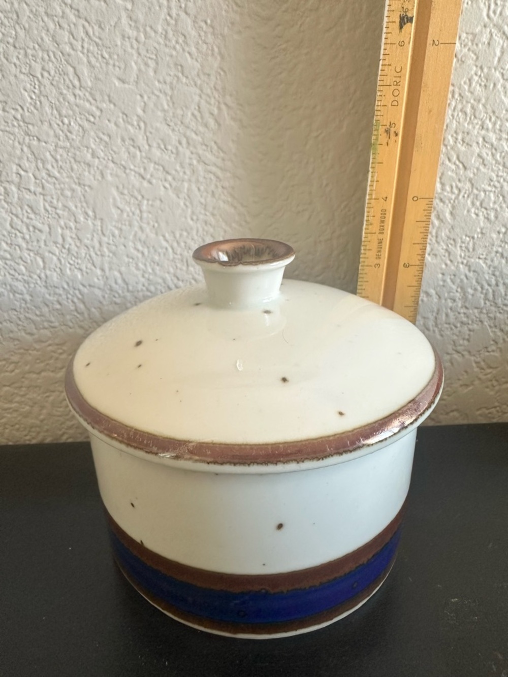 Dansk Ceramic Lidded Jar in White and Blue with Brown Trim - Picture 3 of 4